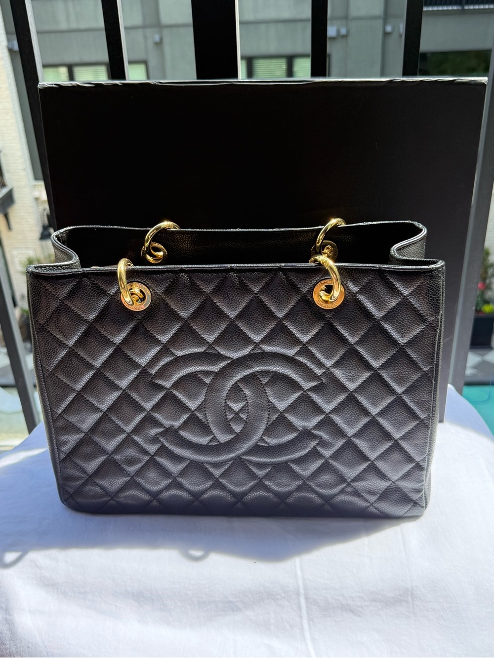 CHANEL Black Quilted Caviar Leather Tote with Gold Hardware